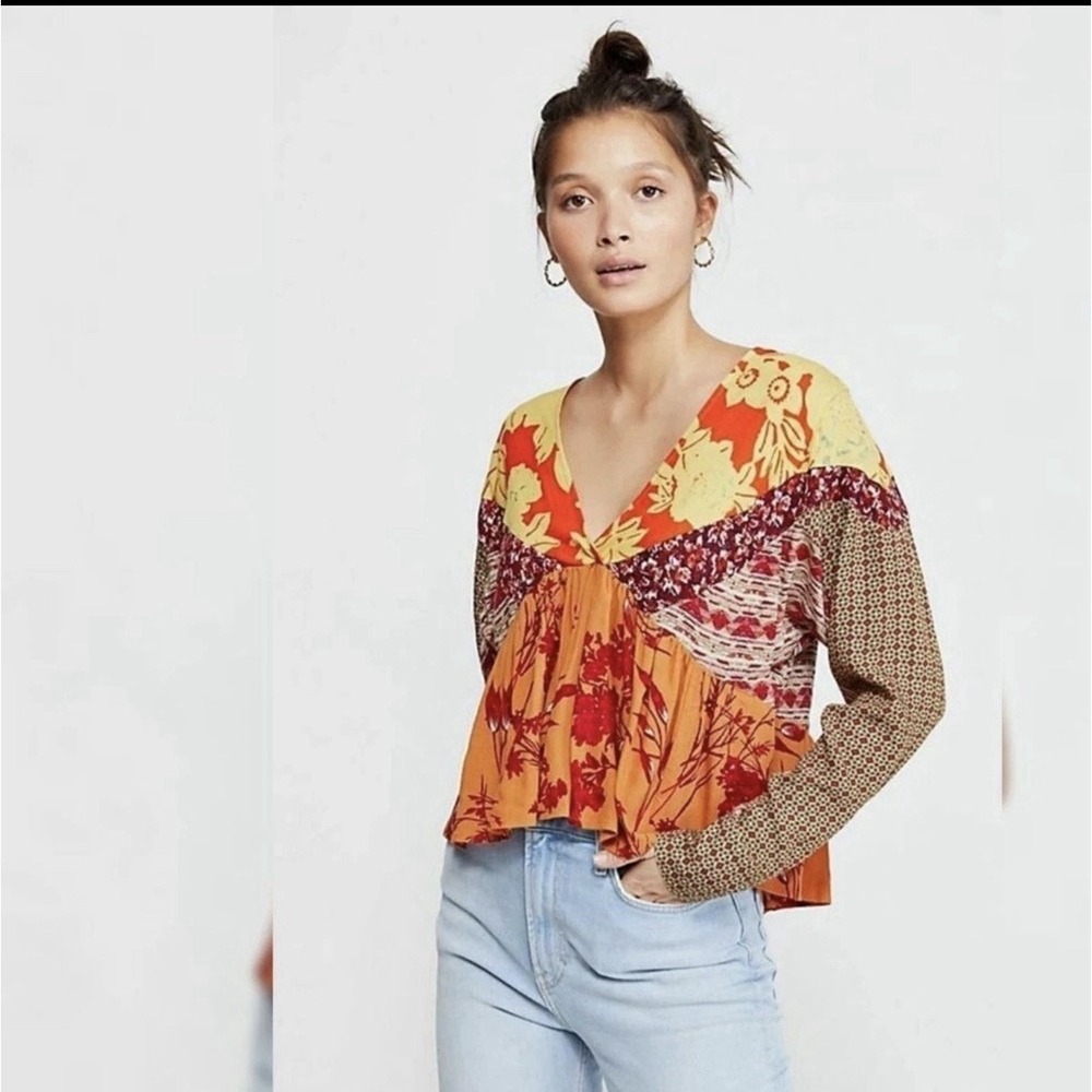 Free People Peplum Blouse Women Large‎ Orange Mixed Floral Patchwork Knot Front
